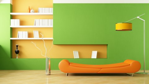 интерьер, дизайн, стиль, минимализм, комната, диван, оранжевая, лампа, ваза