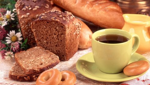 чая , чашка, булочки, хлеб