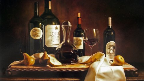 Рисунок, живопись, репродукция, натюрморт, стол, вино, груши, скатерть