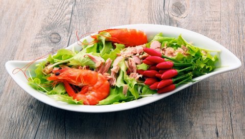 Салат, креветки, мясо, салат, перец