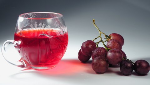 Чашка, напиток, гроздь, виноград, капли