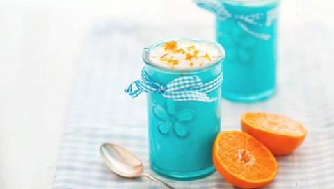 Еда, десерт, апельсин, цитрусовые, фрукты, чашки, ложки