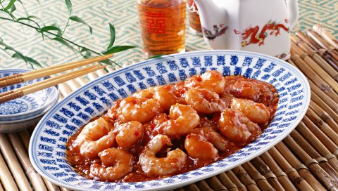 Креветки, сок, миска, продукты питания, тушеные