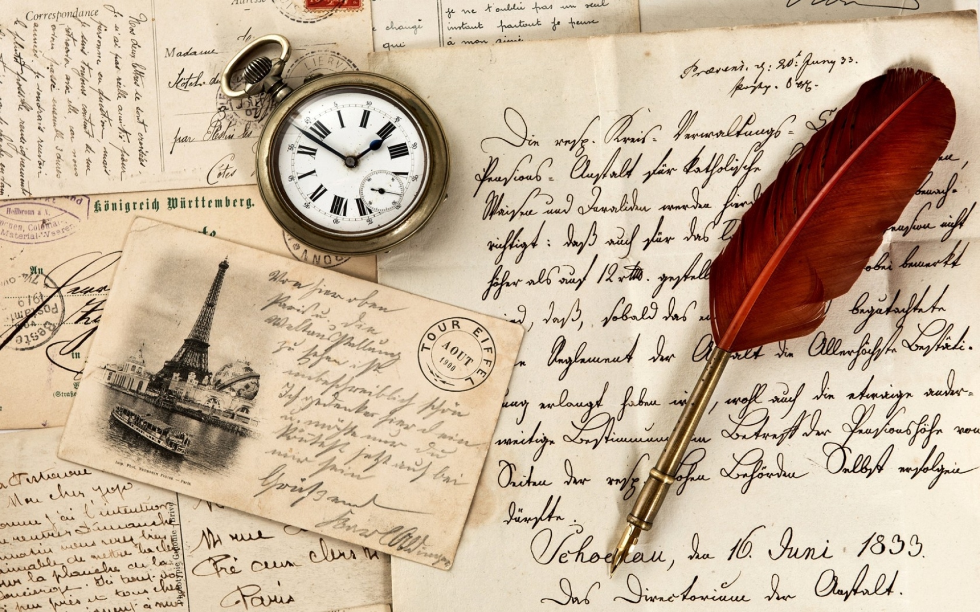 Картинки Старинные, старая бумага, ручка, часы, письмо, печать, открытка фото и обои на рабочий стол
