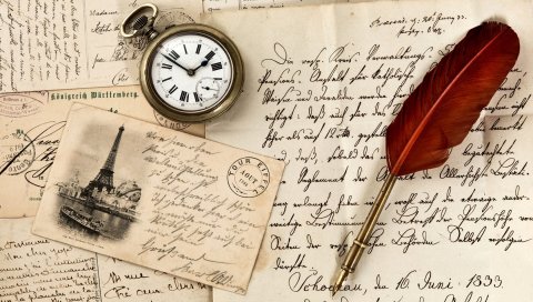 Старинные, старая бумага, ручка, часы, письмо, печать, открытка