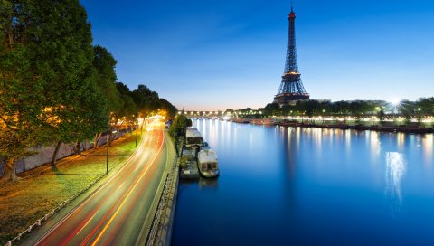 Франция, Эйфелева башня, река, ночь
