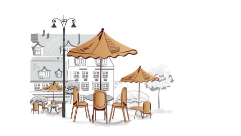 Кафе под открытым небом, зонты, стулья, столы