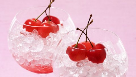 вишня, стекло, лед, фрукты, коктейль, очки, кубики льда