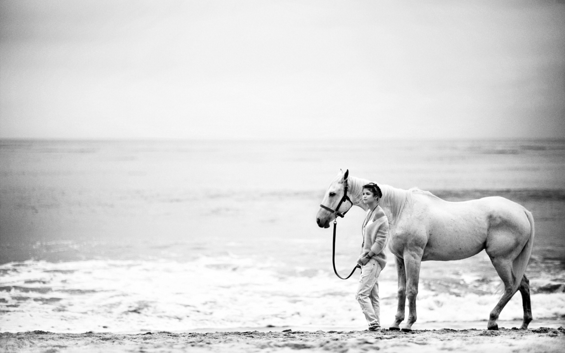 Картинки пляж, лошадь, девушка, фото, черно-белое фото и обои на рабочий стол