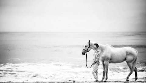 пляж, лошадь, девушка, фото, черно-белое