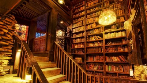 лампы, книги, библиотека