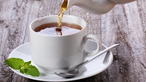 чай, белый, чашка, ложка, мята, листья, стол, дерево
