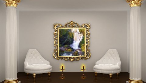 комната, колонны, стулья, свечи