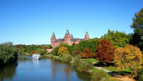 Германия, Бавария, Aschaffenburg, город, река, корабль, дорога, замок, деревья