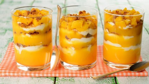 Очки, манго, десерт, ложка, фрукты