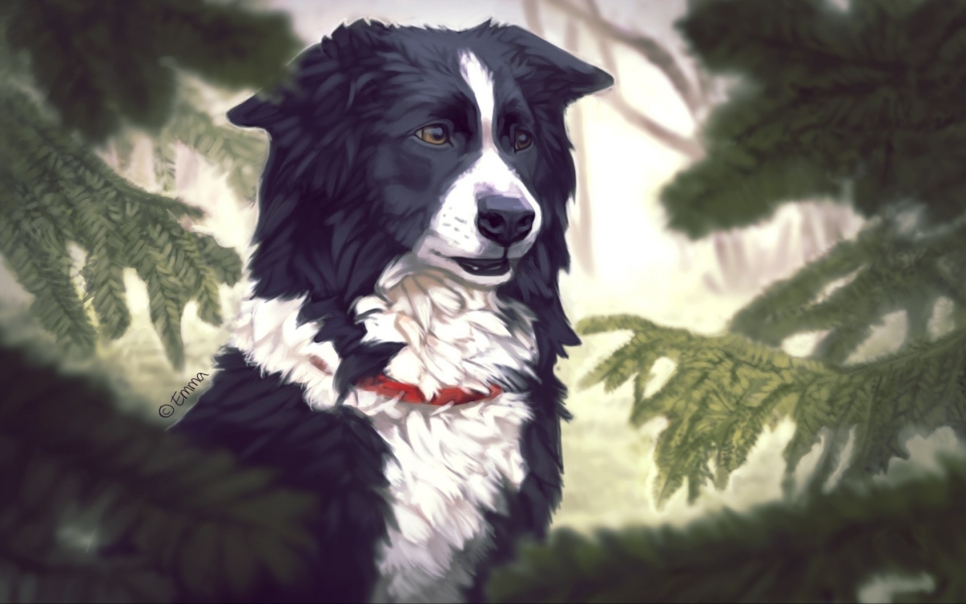 Картинки Искусство, собака, дерево, пихта, сосновые иглы, ошейник собаки фото и обои на рабочий стол