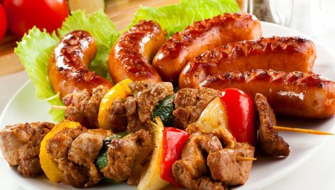 Кебаб, колбасы, жареные, мясо, овощи