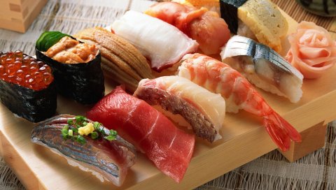 Суши, рулеты, морепродукты, рыба