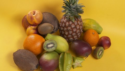 Фрукты, салат, ананас, киви, кокосовый орех, апельсины