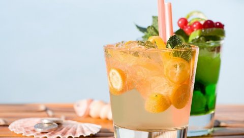 Напиток, коктейли, фрукты, лед, капли
