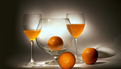 Апельсин, цитрусовые, бокалы, свежие
