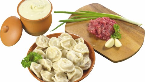 Пельмени, зелень, начинка, тесто, соус