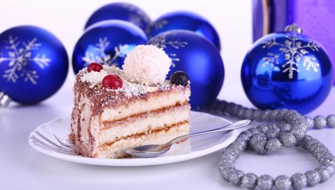 Торт, бусы, десерт, новый год, игрушки