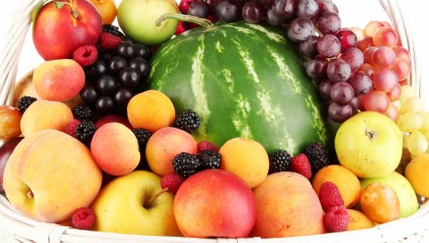 Виноград, арбуз, персики, яблоки, еда, фрукты, корзина
