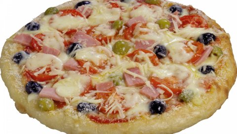Пицца, сыр, мясо, пирожные, выпечка, маслины, томаты