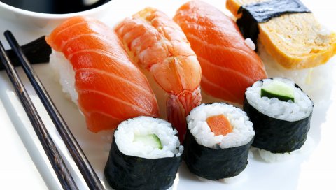 Рулеты, суши, рис, нори, японская еда, рыба