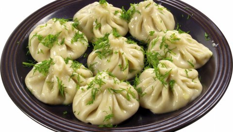 Манти, тарелки, травы, мясо, печенье