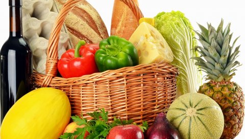 Фрукты, овощи, корзины, вино, хлеб, сыр