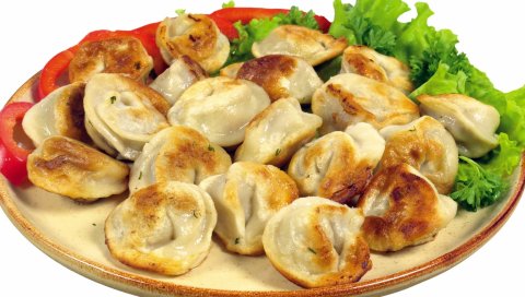 Пельмени, жареный, зеленый, тарелка