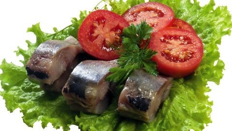 Рыба, мясо, помидоры, листья