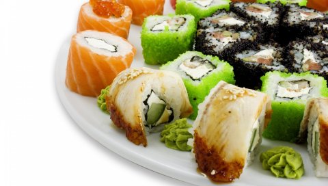 Рулеты, японская кухня, морепродукты, красиво