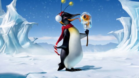 Пингвин, лед, снег
