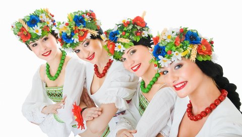 Девушки, костюмы, платье, изображение, гирлянды, бусы, улыбка