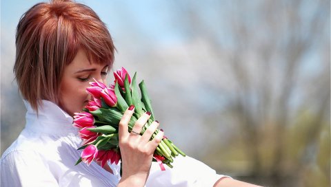 Девушка, букет, цветы, аромат