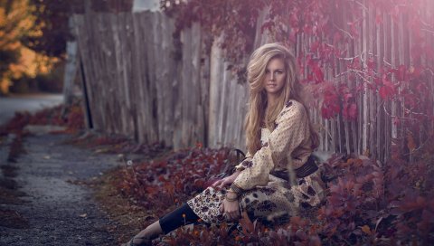 Блондинка, забор, модель, трава, осень