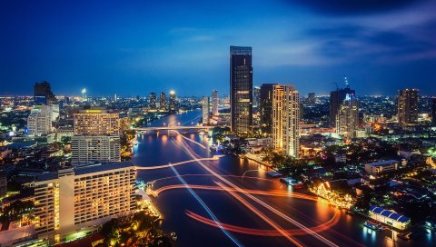 Бангкок, Таиланд, ночной город, ночь, огни города, светофор
