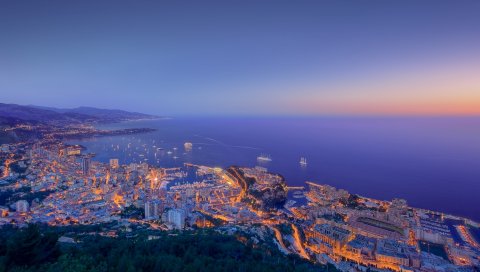 Монако, ночь, город, огни, панорама