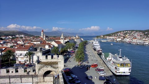 Трогир, хорватия, пристань, лодка, море, небо, природа, люди