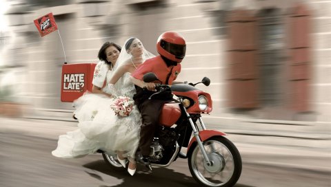 Pizza hut ad, motorcycle, people, speed
