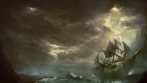 Горы, облака, море, корабль, парусник,