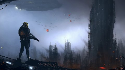 Люди, оружие, город, небоскребы, корабль