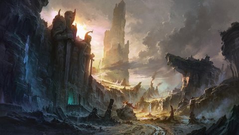 скала, разрушение, город, пейзаж, водопад
