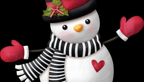 Снеговик, шарф, шляпа, сердце, рукавицы
