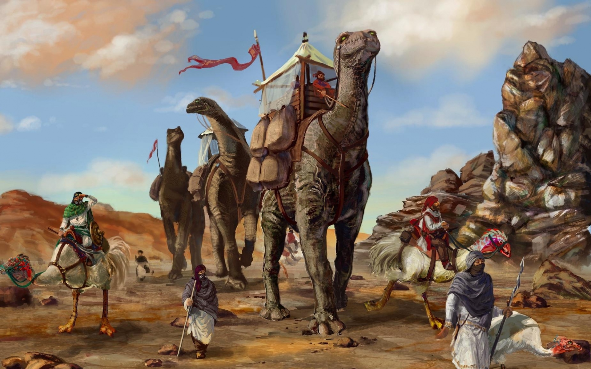 Картинки Пустыня, караван, динозавры, бедуины фото и обои на рабочий стол
