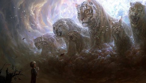 Мальчик, хищники, кошки, усмешка, туман