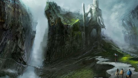 Люди, туристы, скалы, водопады, дорога, статуя